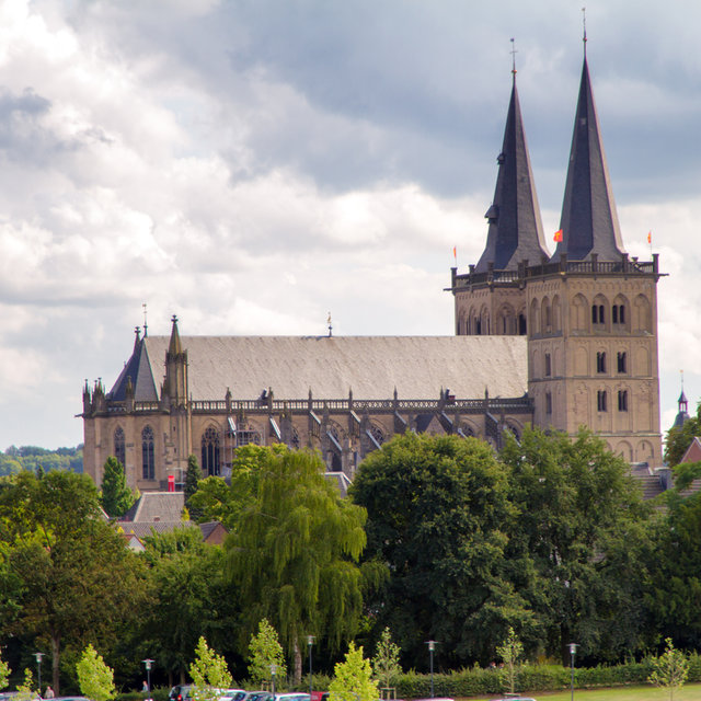 View of the Xanten Cathedral from the amphitheatre in the archeological park. 