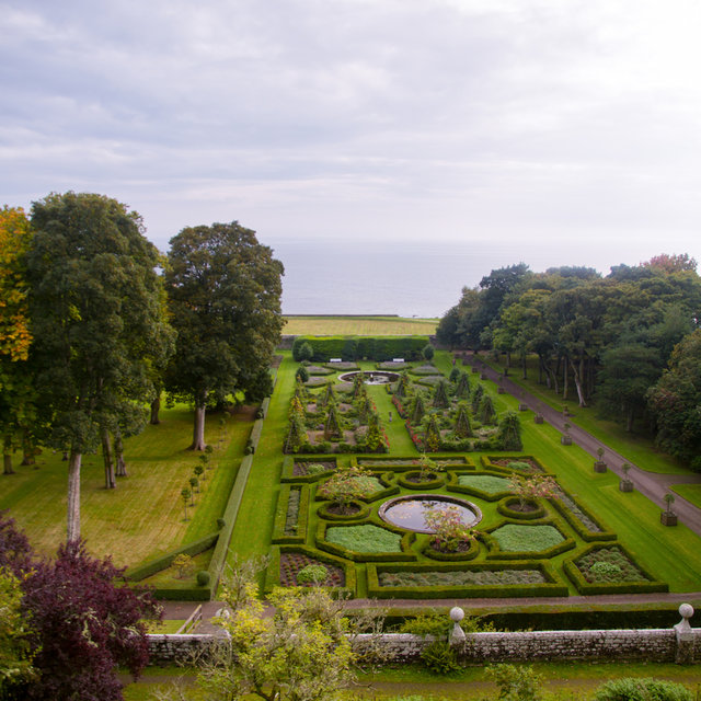 THe French formal garden of Dunrobin Castle.