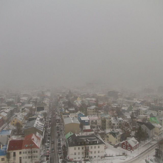 View over Reykjavík in a snowstorm from the tower of Hallgrímskirkja.