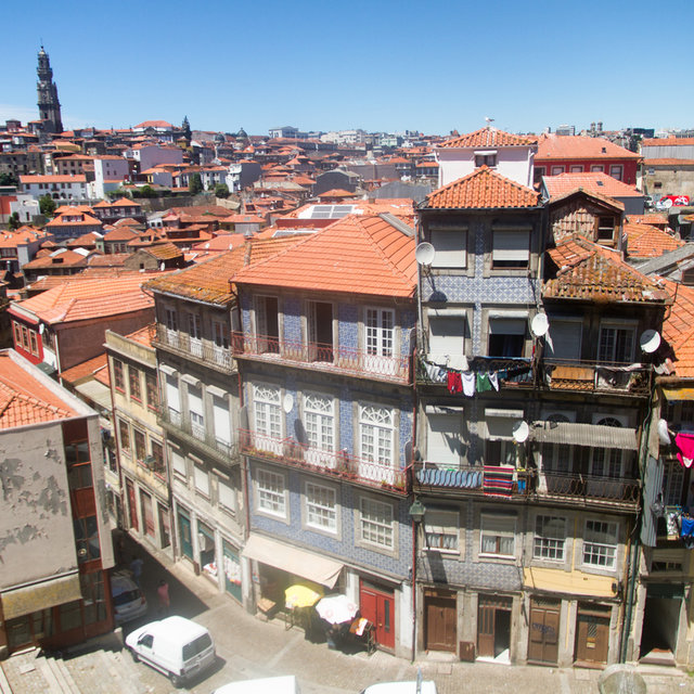 View over the roofs of Porto towards the tower of the Clérigos Church. 
