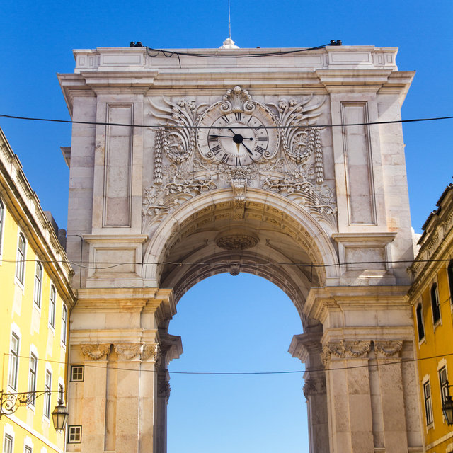 The Rua Augusta Arch in Lisbon seen from the city.