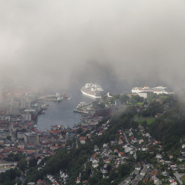 View from Mt. Ulriken towards the cloud covered Bergen city centre.